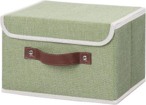 Storage Box with Lid — Features PU leather handles and PP plastic support panels; made of cotton-linen blend; foldable and stylish — Green, Small